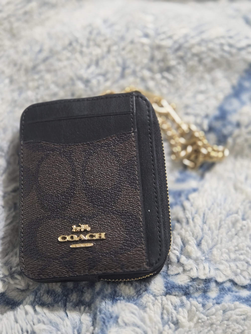 COACH Brown Signature Zip Card Case with Gold Chain